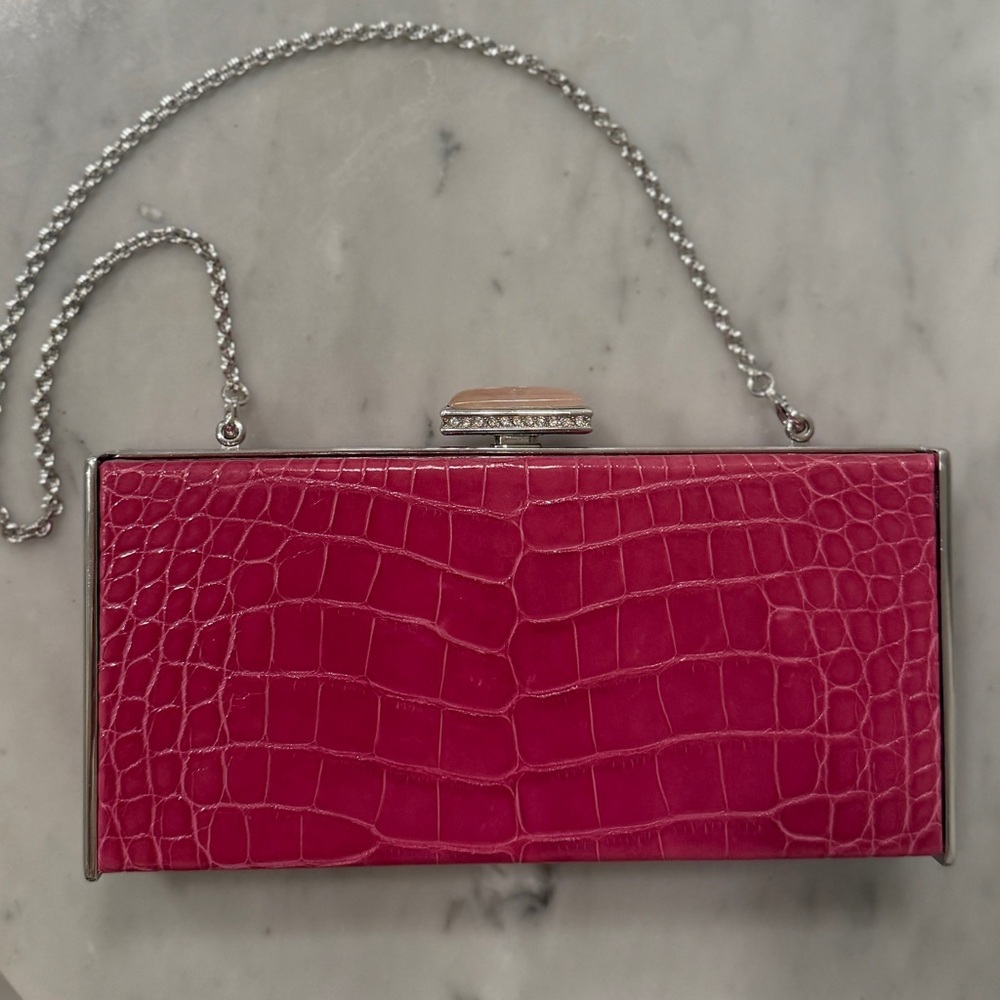 Judith Leiber Pink and Silver Clutch with Croc-Embossed Design
